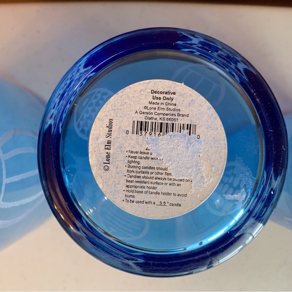 Lone Elm Studios Set of 3 Cobalt Blue Hurricane Lamps Votives Etched Fish - Picture 9 of 9